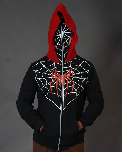 Spider web zip-up hoodie with mask black red cotton fleece