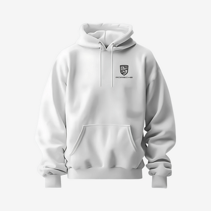 White Porsche inspired racing hoodie with clean sporty design, premium fabric, and comfortable all-season fit for streetwear and motorsport fans.