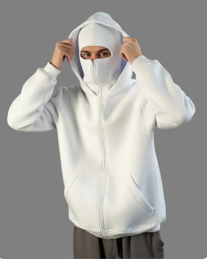 White balaclava hoodie with full zip-up face mask streetwear design