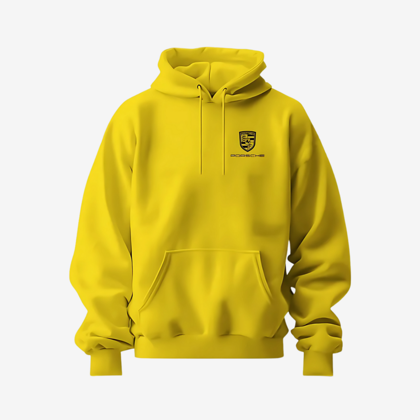 Yellow Porsche inspired racing hoodie featuring sporty design, premium fabric, and comfortable all-season fit for streetwear and motorsport fans.