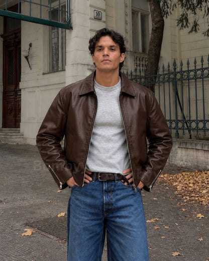 Bombyy basic plain brown leather jacket with 300 GSM wrinkle-free finish