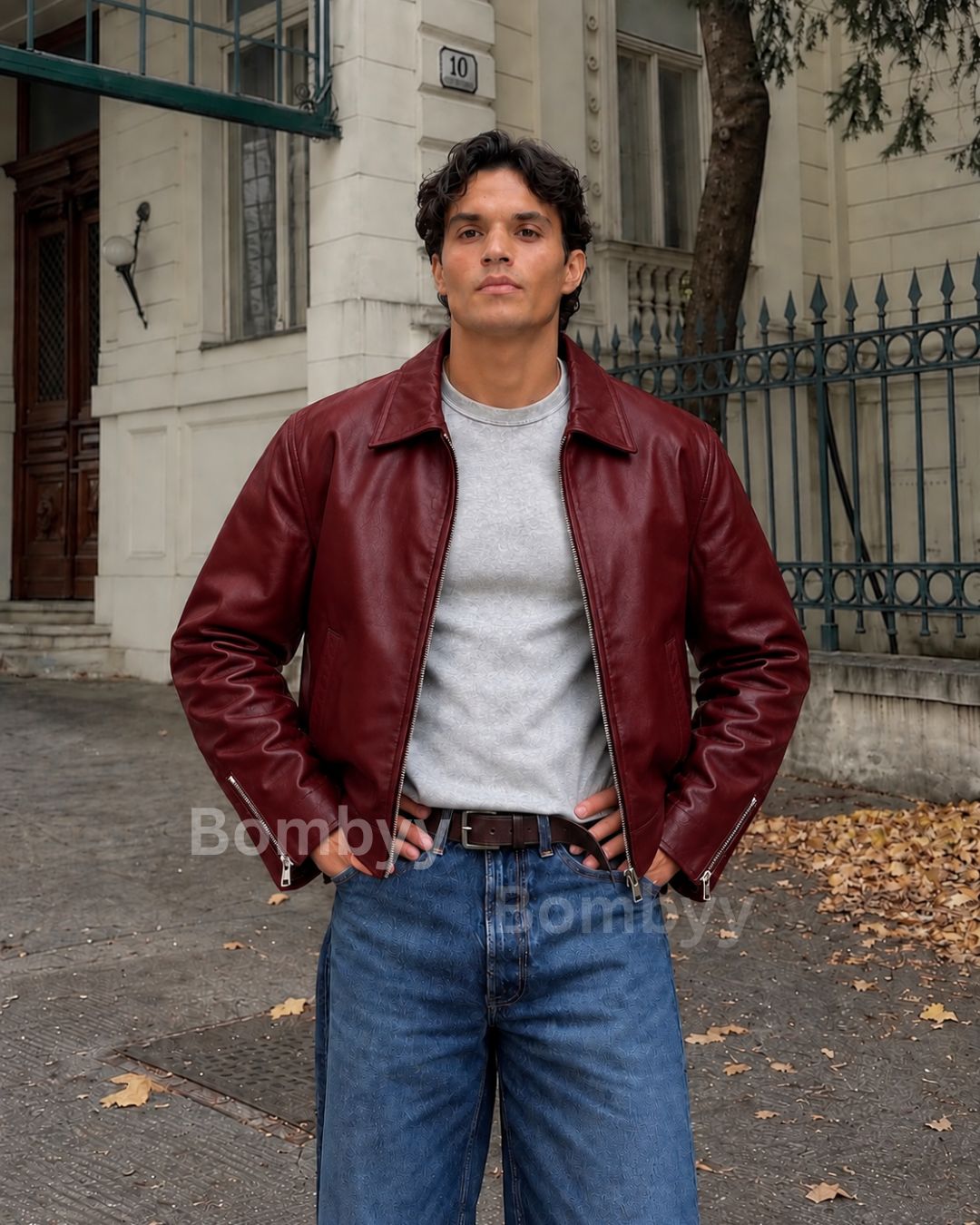 Bombyy basic plain burgundy leather jacket with 300 GSM wrinkle-free finish