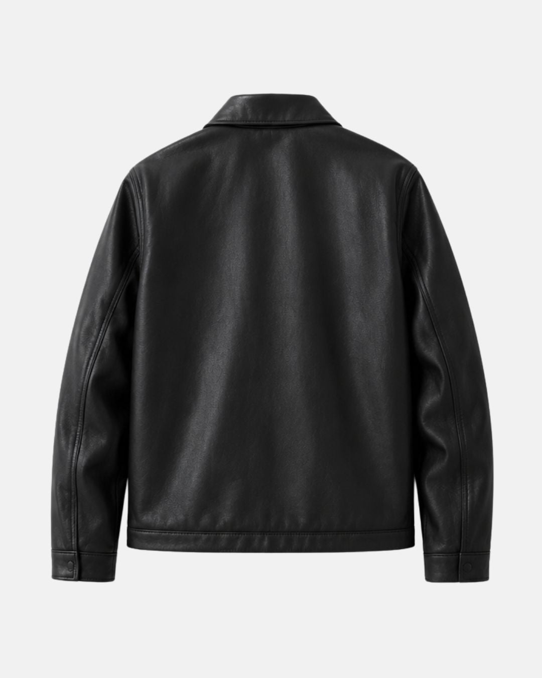 Back view of Bombyy premium black faux leather jacket with wrinkle-resistant material, premium stitching, and clean modern silhouette.