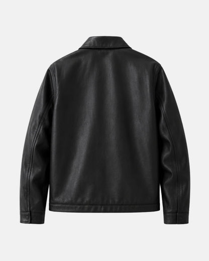Back view of Bombyy premium black faux leather jacket with wrinkle-resistant material, premium stitching, and clean modern silhouette.