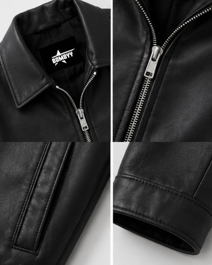 Close-up of the premium shirt collar and neckline on Bombyy black faux leather jacket showcasing smooth faux leather and fine stitching.