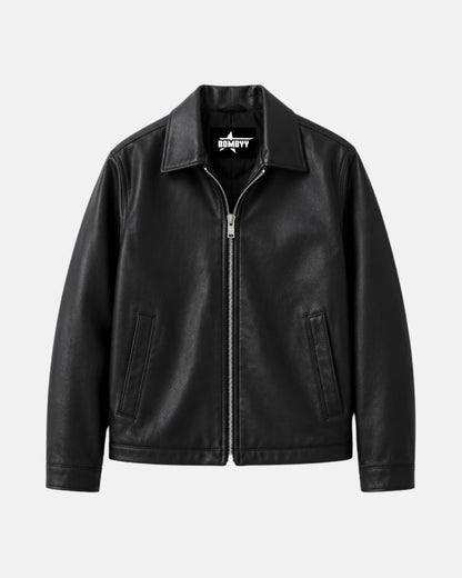 Front view of Bombyy men's premium black faux leather jacket featuring a classic shirt collar, silver zipper, and minimalist design.