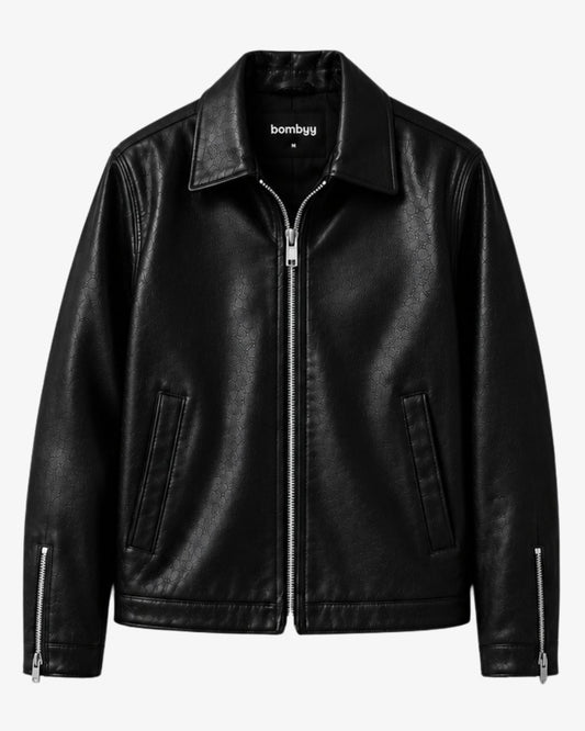 Bombyy premium black leather jacket for men with textured finish, silver front zipper, and regular fit.