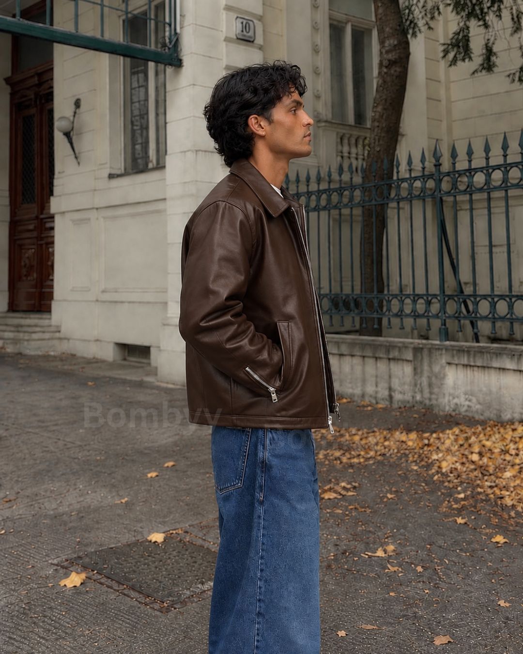 Bombyy basic plain brown leather jacket back view with clean minimal design