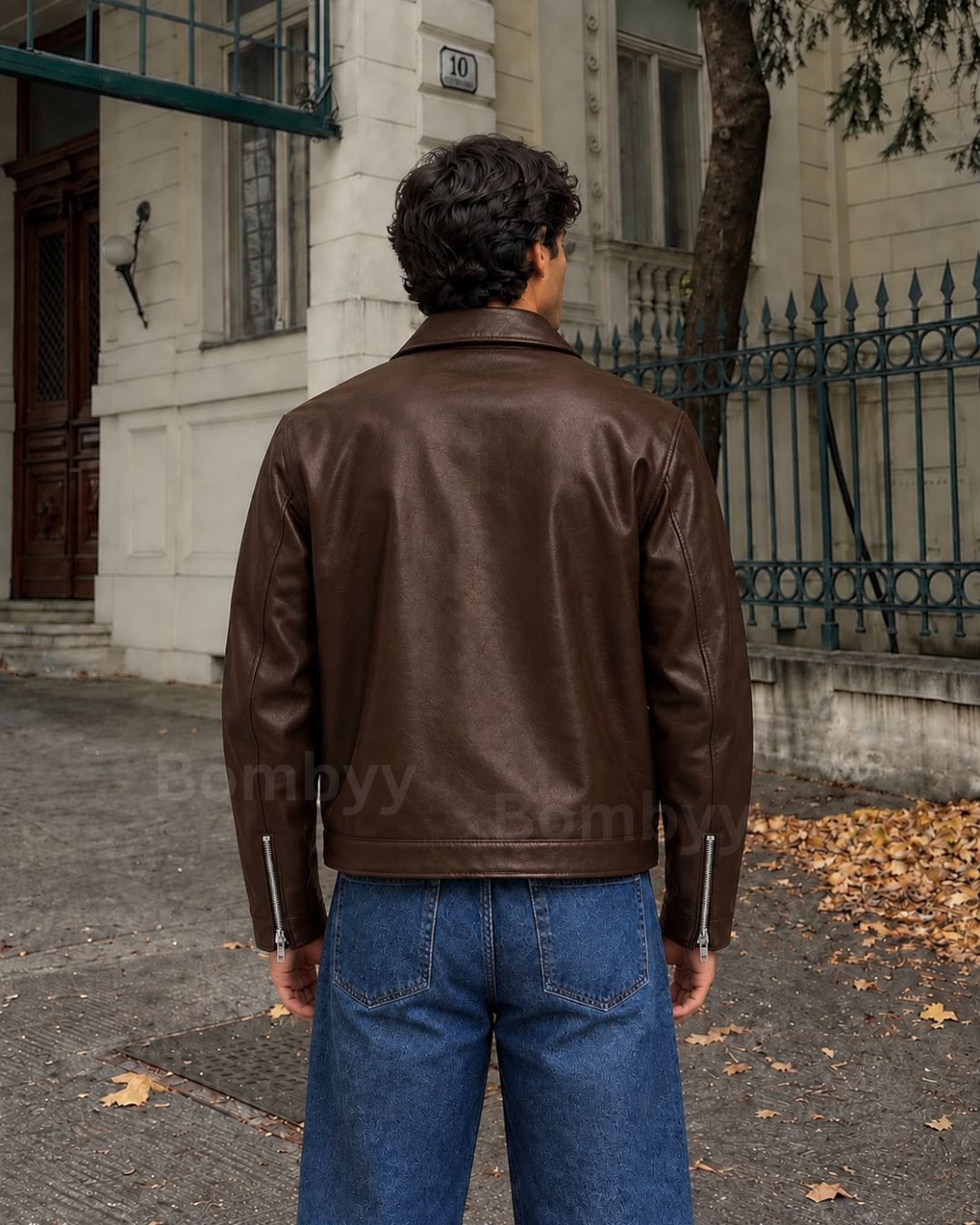 Bombyy plain brown leather jacket front view with smooth wrinkle-free appearance