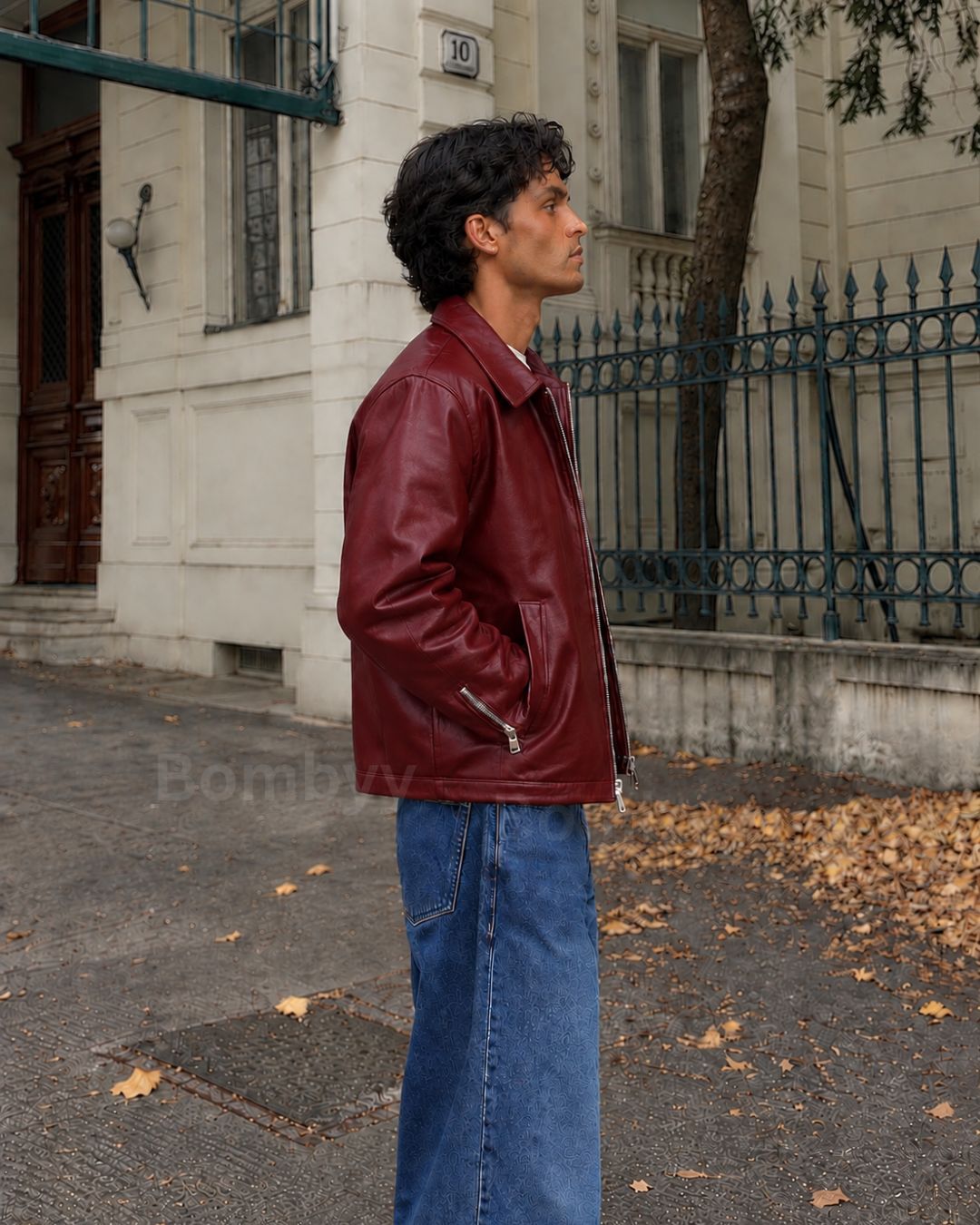 Bombyy basic plain burgundy leather jacket back view with clean minimal design