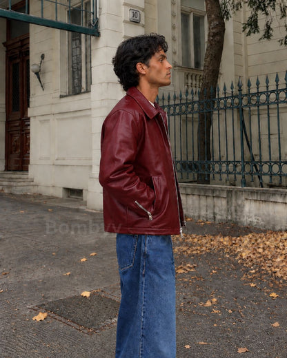 Bombyy basic plain burgundy leather jacket back view with clean minimal design