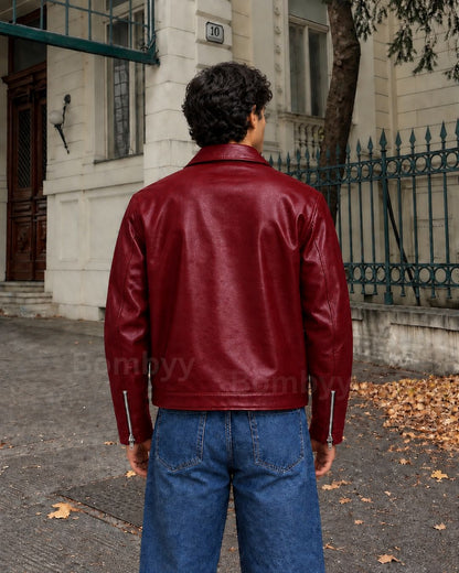 Bombyy plain burgundy leather jacket front view with smooth wrinkle-free appearance