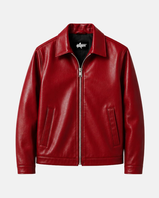 Bombyy Cherry Red Faux Leather Jacket for Men and Women Premium Unisex Front and Back View