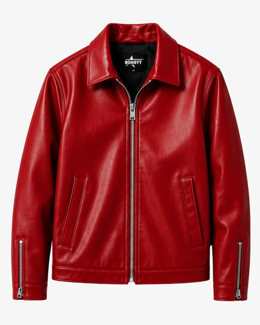 Bombyy premium cherry red leather jacket for men with textured finish, silver front zipper, and regular fit.