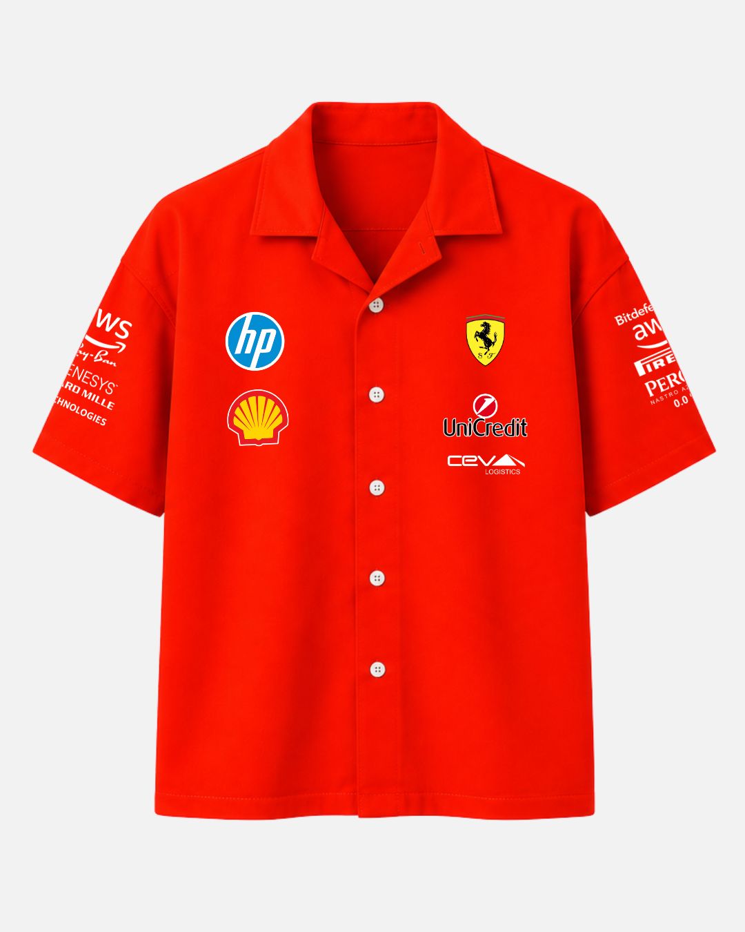 Bombyy Clothing premium red Ferrari F1 Scuderia oversized unisex box fit shirt with racing sponsor graphics and luxury streetwear aesthetic
