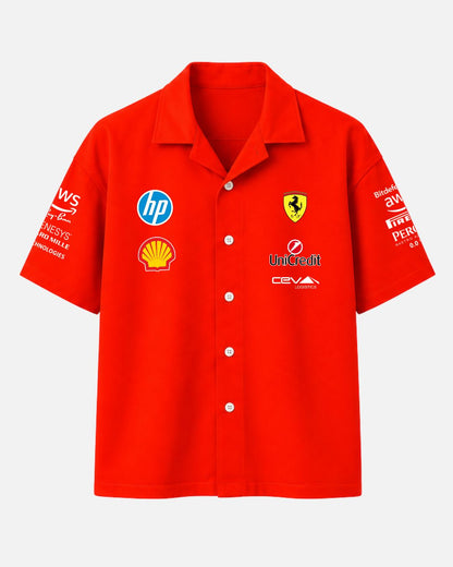 Bombyy Clothing premium red Ferrari F1 Scuderia oversized unisex box fit shirt with racing sponsor graphics and luxury streetwear aesthetic