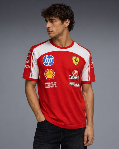 Male model wearing Bombyy Clothing red Ferrari HP replica Formula 1 t-shirt with sponsor-style logos front and back view
