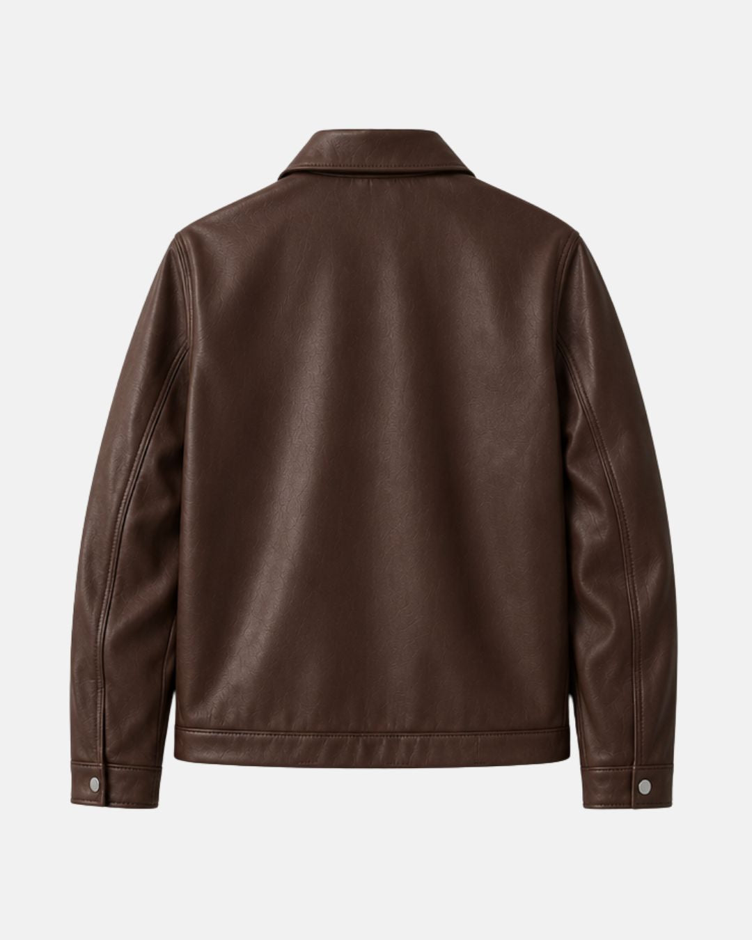 Back view of Bombyy premium coffee brown faux leather jacket with wrinkle-resistant material, clean stitching, and timeless design.