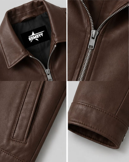 Close-up of the premium collar and neckline of Bombyy coffee brown faux leather jacket showcasing smooth faux leather and fine craftsmanship.