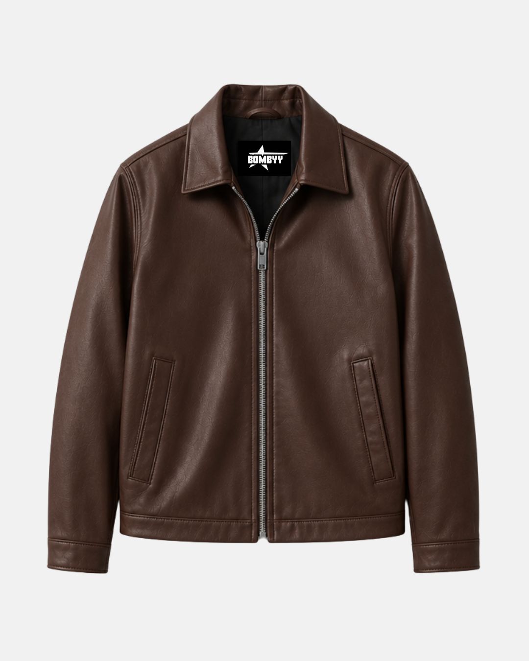 Front view of Bombyy men's premium coffee brown faux leather jacket featuring a classic shirt collar, silver zipper, and minimalist design.