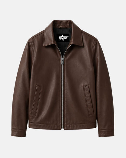 Front view of Bombyy men's premium coffee brown faux leather jacket featuring a classic shirt collar, silver zipper, and minimalist design.