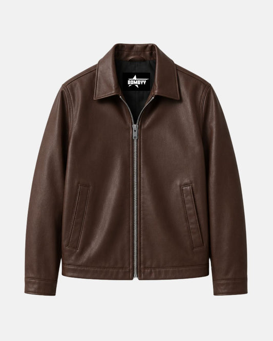 Front view of Bombyy men's premium coffee brown faux leather jacket featuring a classic shirt collar, silver zipper, and minimalist design.