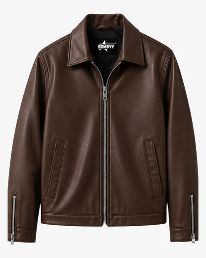 Bombyy premium coffee brown leather jacket for men with textured finish, silver front zipper, and classic regular fit.