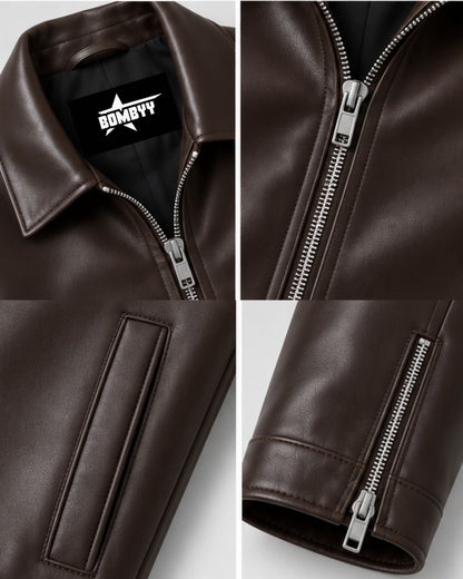 Close-up of the classic collar and neckline on Bombyy dark brown faux leather jacket showing premium craftsmanship.