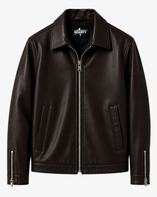 Bombyy premium dark brown leather jacket for men with textured finish, silver front zipper, and classic regular fit.