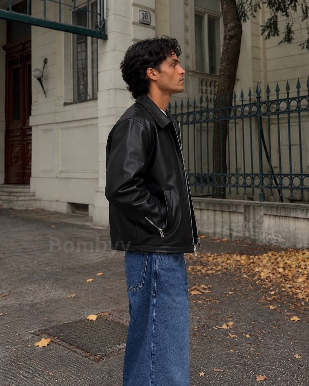 Bombyy basic plain matt black leather jacket back view with clean minimal design