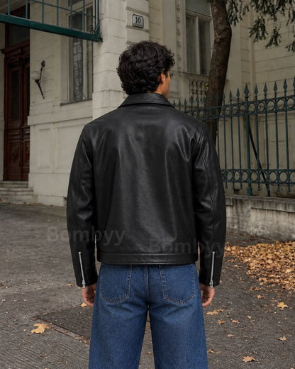 Bombyy plain matt black leather jacket front view with smooth wrinkle-free appearance