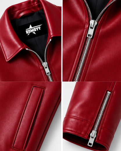 Close-up of the premium shirt collar and neckline of Bombyy red faux leather jacket with smooth faux leather texture and fine stitching.