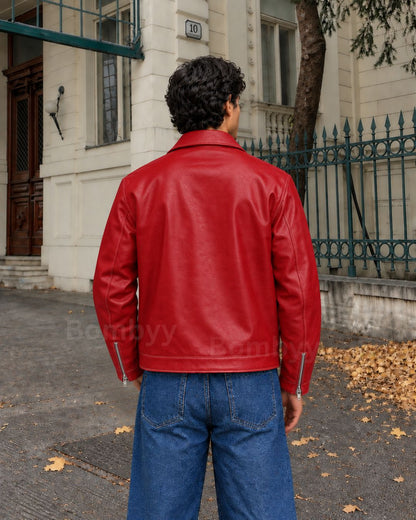 Bombyy basic plain red leather jacket back view with clean minimal design