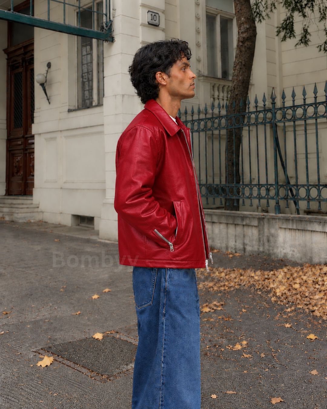 Bombyy plain red leather jacket front view with smooth wrinkle-free appearance
