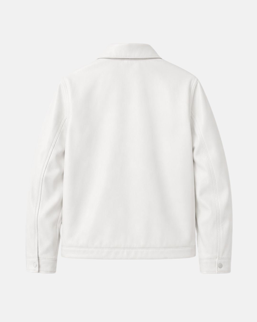 Back view of Bombyy men's white faux leather jacket with a clean minimalist design, premium stitching, and wrinkle-resistant faux leather.