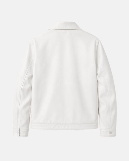 Back view of Bombyy men's white faux leather jacket with a clean minimalist design, premium stitching, and wrinkle-resistant faux leather.