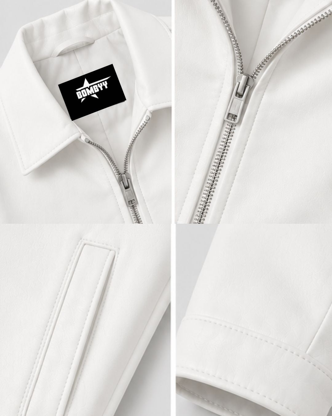 Close-up of the premium collar and neckline of Bombyy white faux leather jacket showcasing high-quality stitching and soft inner lining.