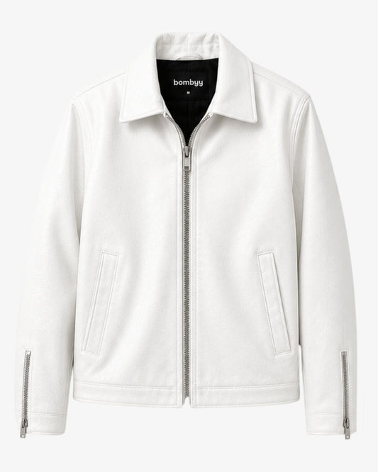 Bombyy premium white leather jacket for men with textured finish, silver front zipper, and modern regular fit.