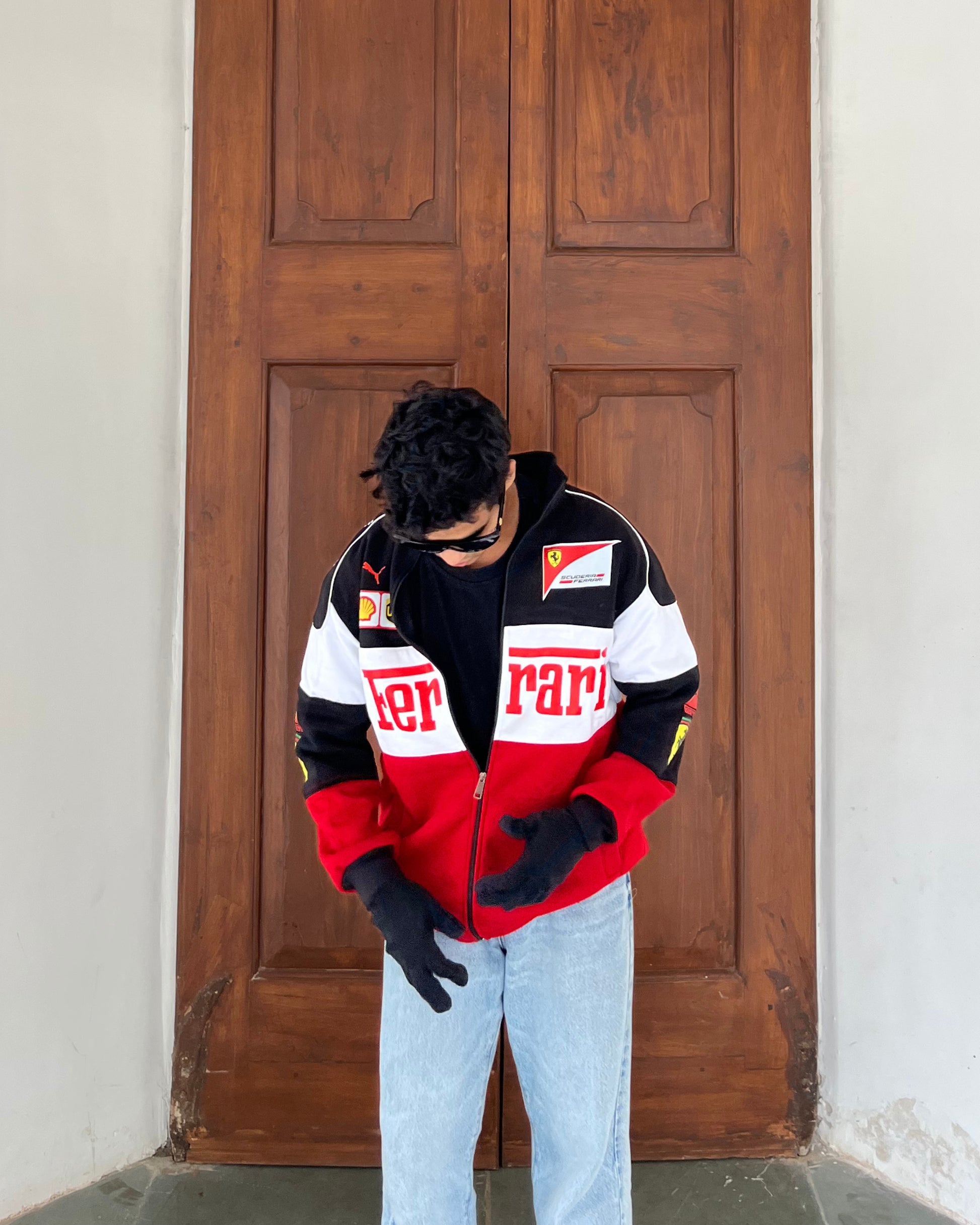 Premium Tri Colour Scuderia Ferrari F1 Inspired Cotton Fleece Jacket for Men – Red White Black Racing Style Aesthetic Wear in India