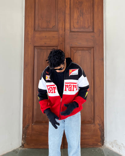 Premium Tri Colour Scuderia Ferrari F1 Inspired Cotton Fleece Jacket for Men – Red White Black Racing Style Aesthetic Wear in India