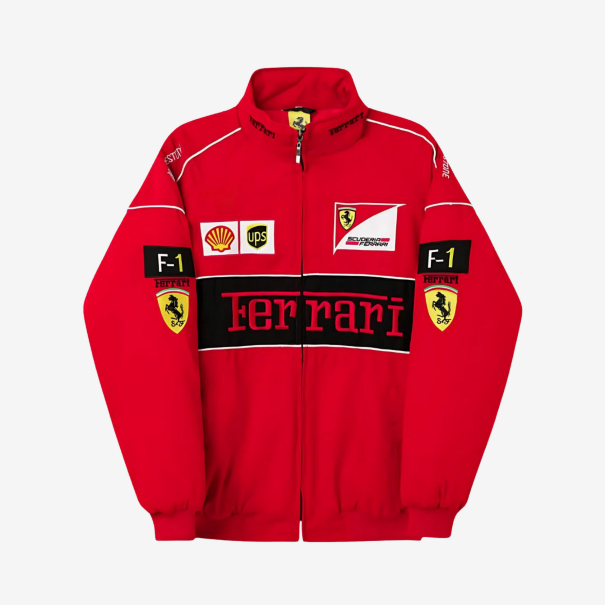 Ferrari F1 racing jacket by Bombyy, premium red and black motorsport fashion wear for men and street lover