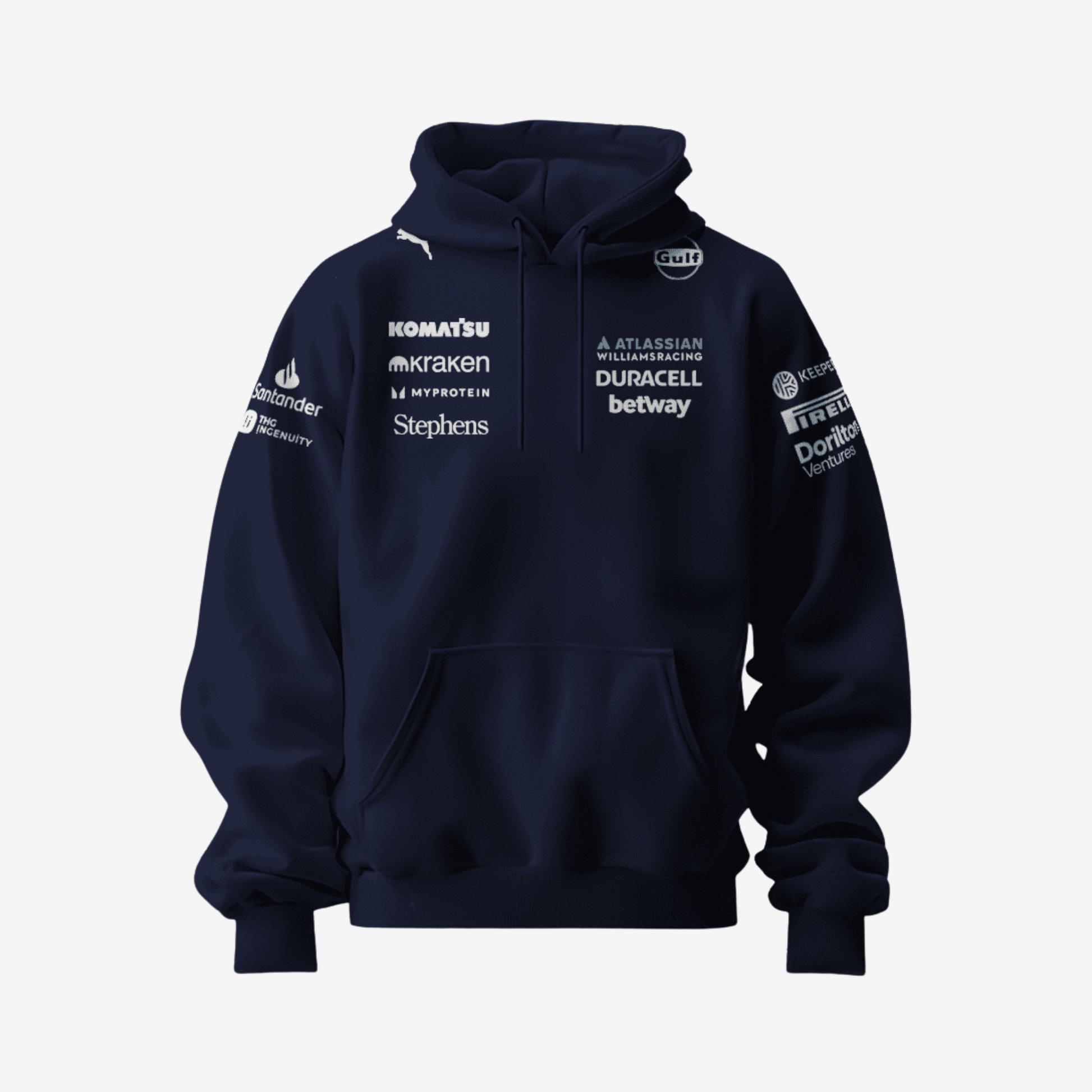 Premium Atlassian Williams Racing inspired hoodie featuring motorsport styling, comfortable fit, and all-season wear design for racing and streetwear fans.