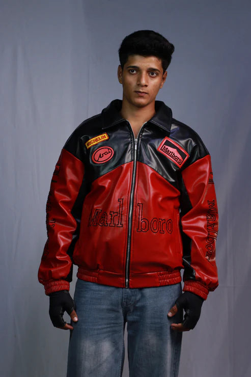 Marlboro premium black red leather jacket for streetwear
Marlboro black red leather jacket close-up leather finish