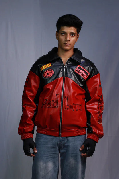 Marlboro premium black red leather jacket for streetwear
Marlboro black red leather jacket close-up leather finish