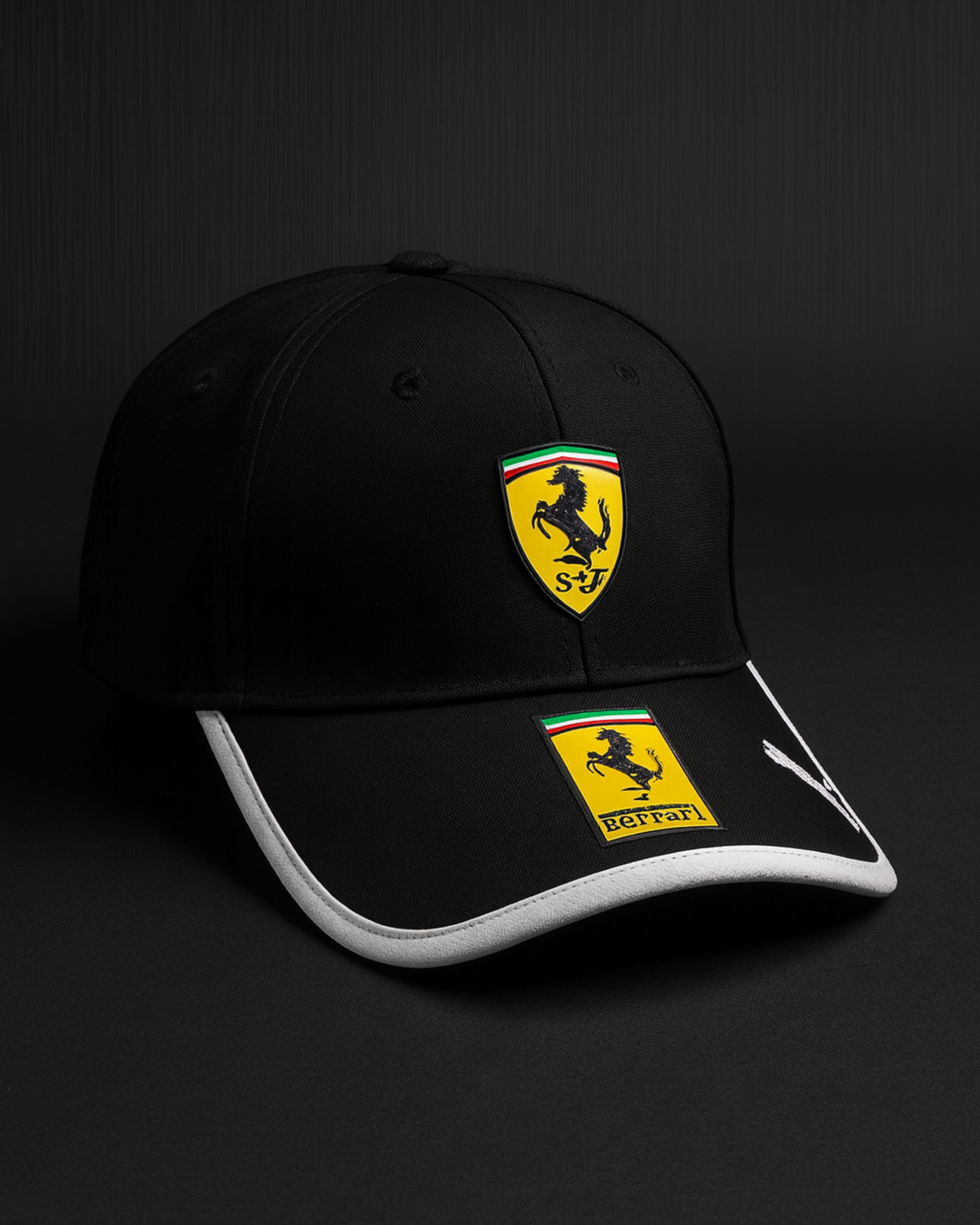 Premium black Scuderia Ferrari Formula 1 inspired motorsport cap with luxury embroidery by Bombyy Clothing