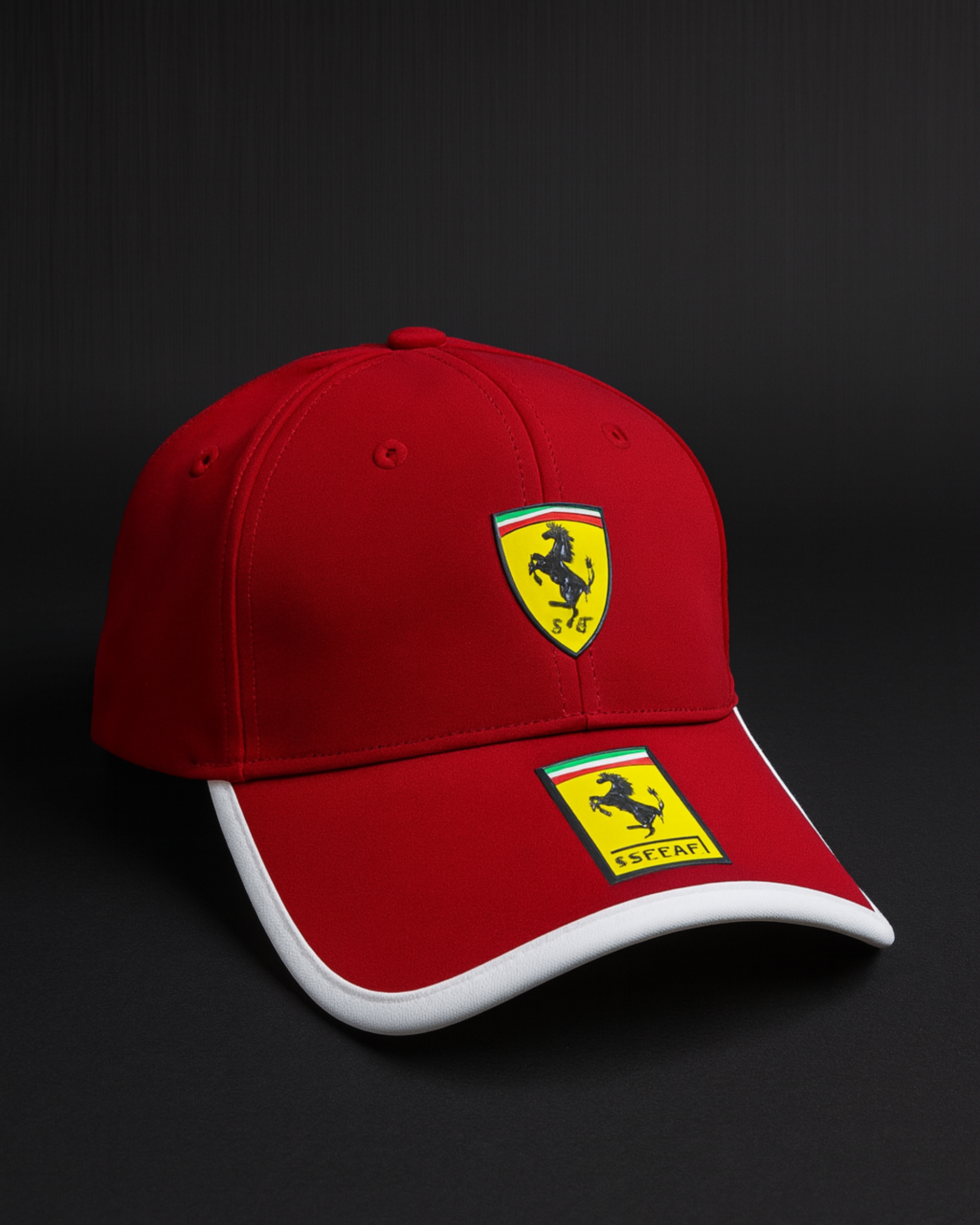 Premium red Scuderia Ferrari Formula 1 inspired motorsport cap with luxury embroidery by Bombyy Clothing